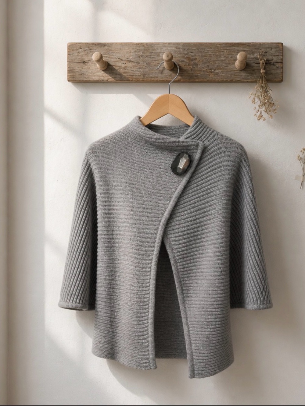 Jones New York Gray Ribbed Cape-Style Sweater Merino Wool